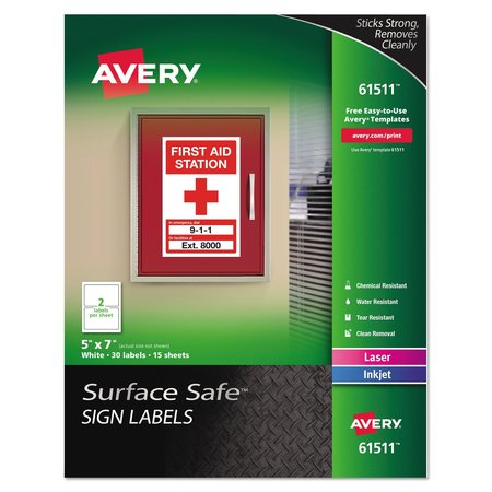 AVERY Surface Safe Removable Label Safety Sign, Inkjet/Laser, 5x7, Wht, PK30 61511
